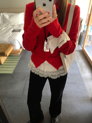 Retro red knitted single-breasted sweater