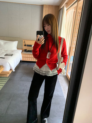 Retro red knitted single-breasted sweater