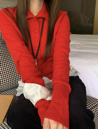 Retro red knitted single-breasted sweater