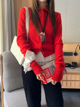 Retro red knitted single-breasted sweater