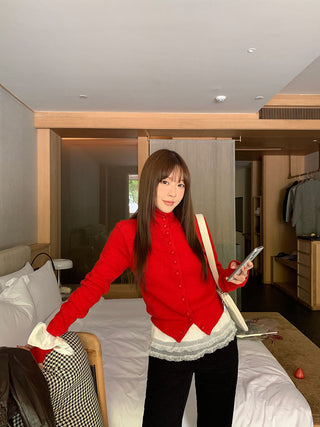 Retro red knitted single-breasted sweater