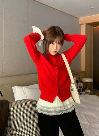 Retro red knitted single-breasted sweater