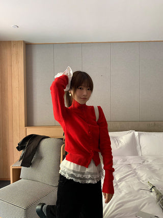 Retro red knitted single-breasted sweater
