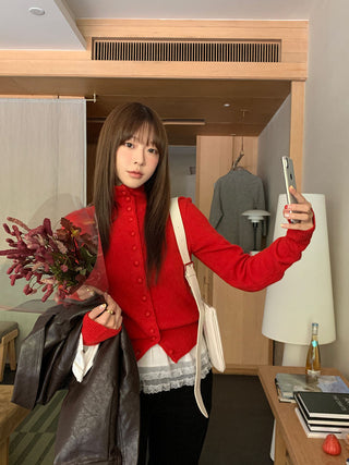 Retro red knitted single-breasted sweater