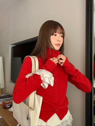 Retro red knitted single-breasted sweater