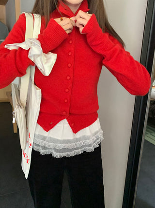 Retro red knitted single-breasted sweater