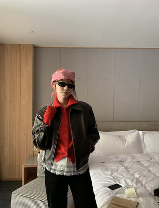Retro red knitted single-breasted sweater