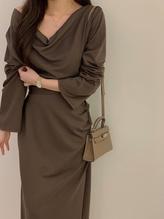 Pleated irregular waist lace-up long dress