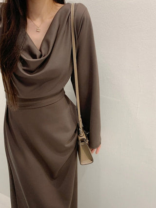 Pleated irregular waist lace-up long dress