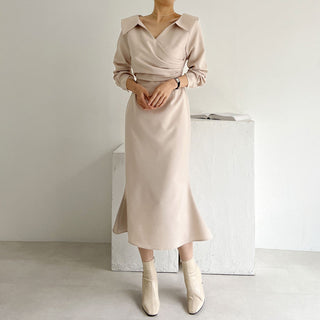 French Lapel Waist Bubble Sleeve dress