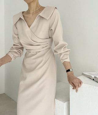 French Lapel Waist Bubble Sleeve dress