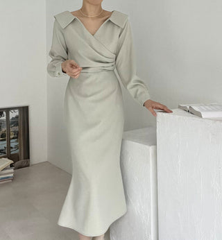 French Lapel Waist Bubble Sleeve dress