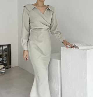 French Lapel Waist Bubble Sleeve dress