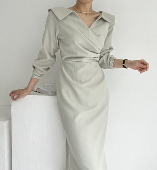 French Lapel Waist Bubble Sleeve dress