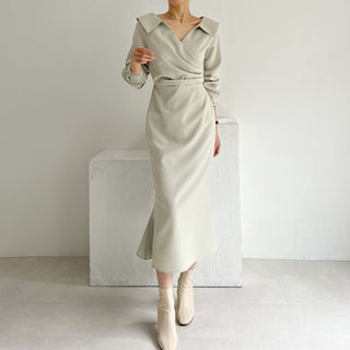 French Lapel Waist Bubble Sleeve dress