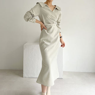 French Lapel Waist Bubble Sleeve dress