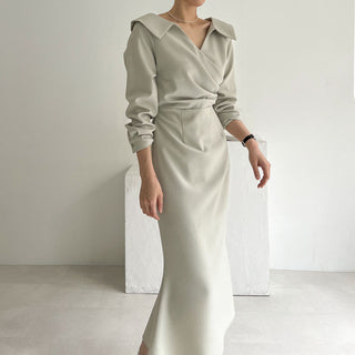 French Lapel Waist Bubble Sleeve dress