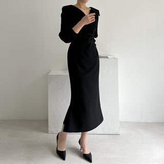 French Lapel Waist Bubble Sleeve dress