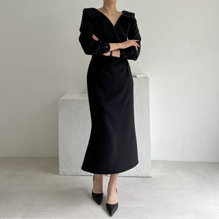 French Lapel Waist Bubble Sleeve dress