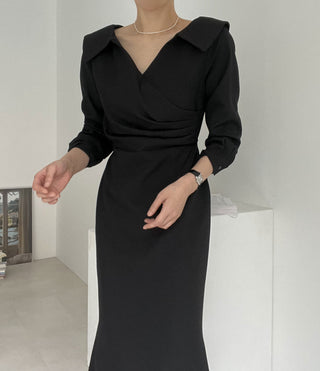 French Lapel Waist Bubble Sleeve dress