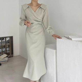 French Lapel Waist Bubble Sleeve dress