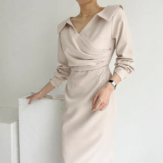 French Lapel Waist Bubble Sleeve dress