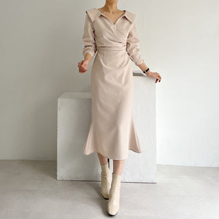 French Lapel Waist Bubble Sleeve dress