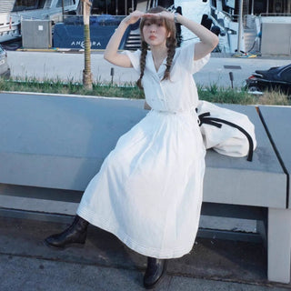 Navy Collar shirt and skirt Two-piece set