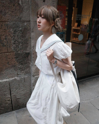 Navy Collar shirt and skirt Two-piece set