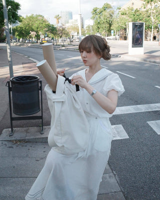 Navy Collar shirt and skirt Two-piece set