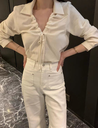 V-neck drawstring long sleeve shirt