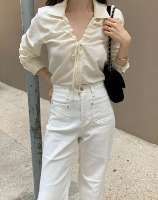 V-neck drawstring long sleeve shirt