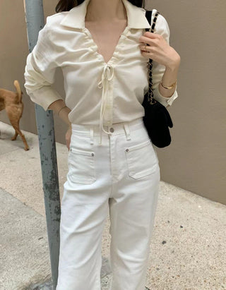 V-neck drawstring long sleeve shirt