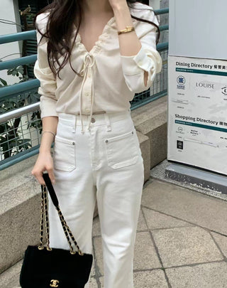 V-neck drawstring long sleeve shirt