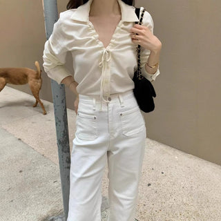 V-neck drawstring long sleeve shirt