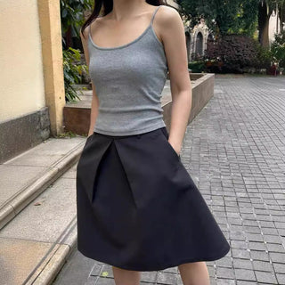 Pleated puffy black A-line skirt