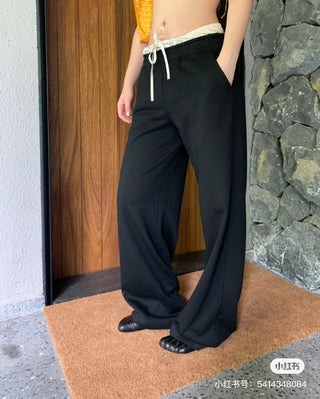 Contrast double waist stitching drawstring pants