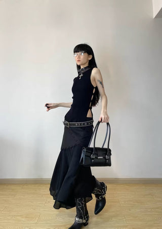 Lace Edge Slant Chiffon Skirt
