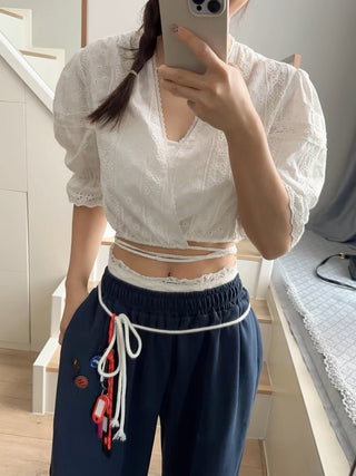 Embroidered Small top and Wide Leg Pants set