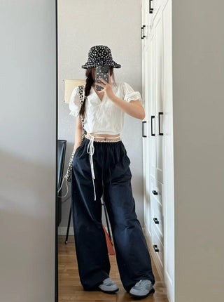 Embroidered Small top and Wide Leg Pants set