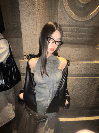 Slim-fit mesh flower ribbon top