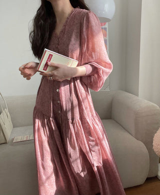 Fairy core floral V-neck slimming drape dress