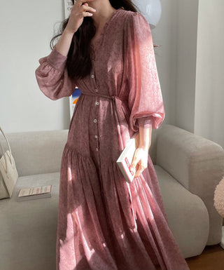 Fairy core floral V-neck slimming drape dress