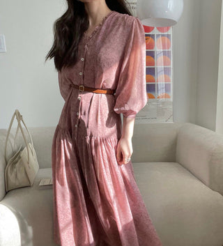 Fairy core floral V-neck slimming drape dress