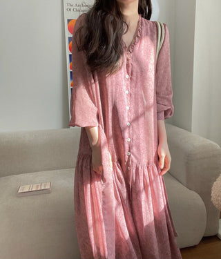 Fairy core floral V-neck slimming drape dress