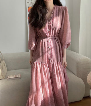 Fairy core floral V-neck slimming drape dress