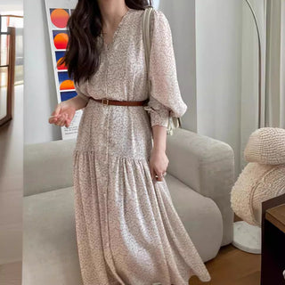 Fairy core floral V-neck slimming drape dress