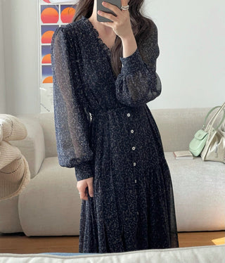 Fairy core floral V-neck slimming drape dress