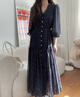 Fairy core floral V-neck slimming drape dress