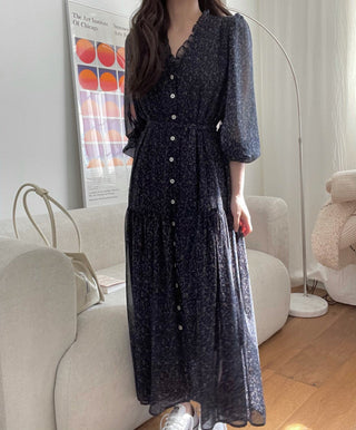 Fairy core floral V-neck slimming drape dress